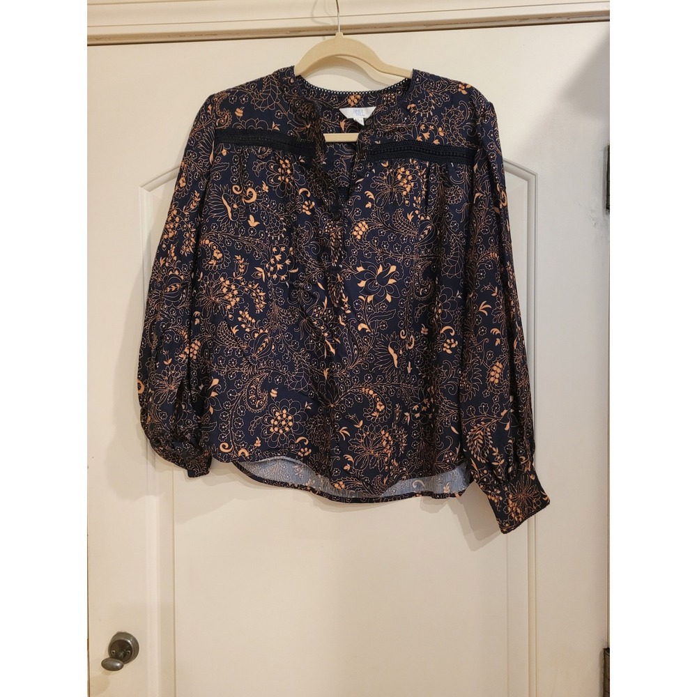 Time and Tru Navy Floral Paisley Lace Trim Blouse Large L 12-14